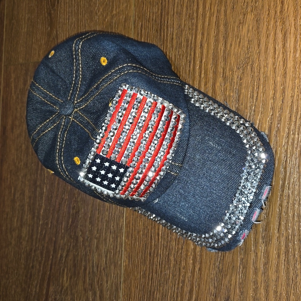 BLUE DENIM SEQUIN FLAG CAP.  #6182